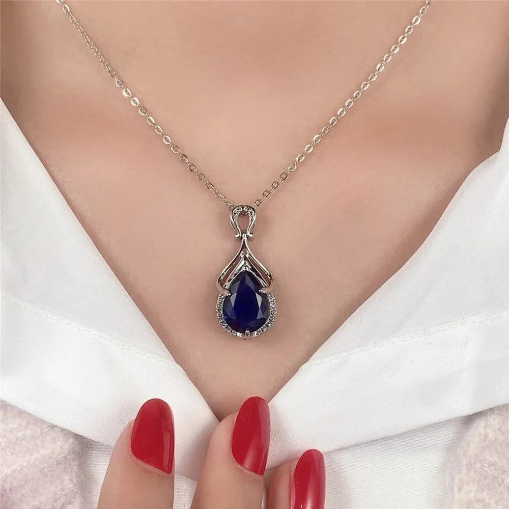 🎁 Silver Plating Blue Crystal Water Drop CZ Necklaces for Women, HA4470